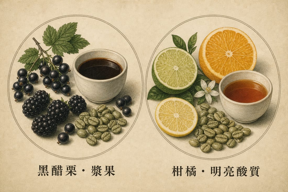肯亞水洗常見黑醋栗漿果、柑橘明亮酸質的杯測印象示意