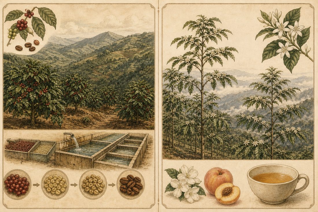 巴拿馬常見水洗阿拉比卡，對上高海拔瑰夏花香桃感的杯測印象示意