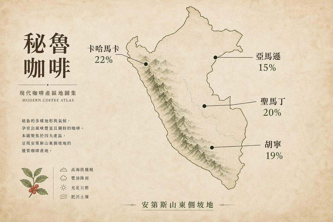 秘魯主要咖啡產區示意：卡哈馬卡、聖馬丁、胡寧、亞馬遜