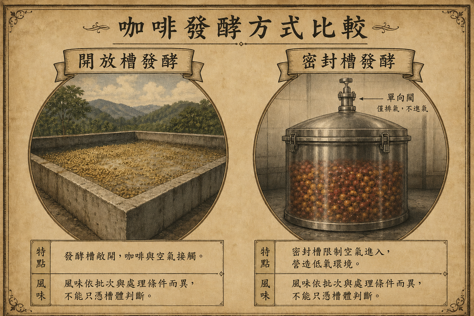 開放槽發酵與密封厭氧槽對照示意