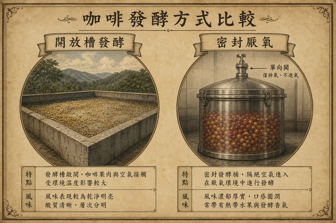 開放槽發酵與密封厭氧槽對照示意