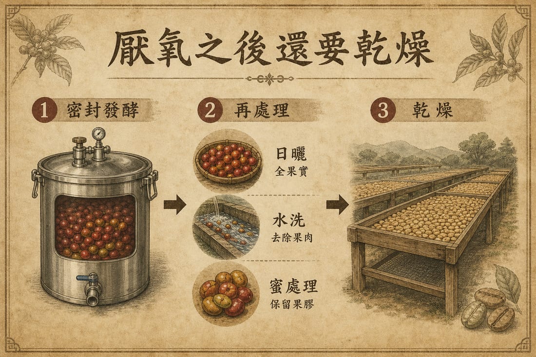 厭氧後仍可走日曬、水洗或蜜處理再乾燥的路徑示意