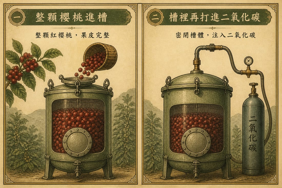 二氧化碳浸漬兩種常見讀法：整顆櫻桃進槽，或槽裡再打進二氧化碳