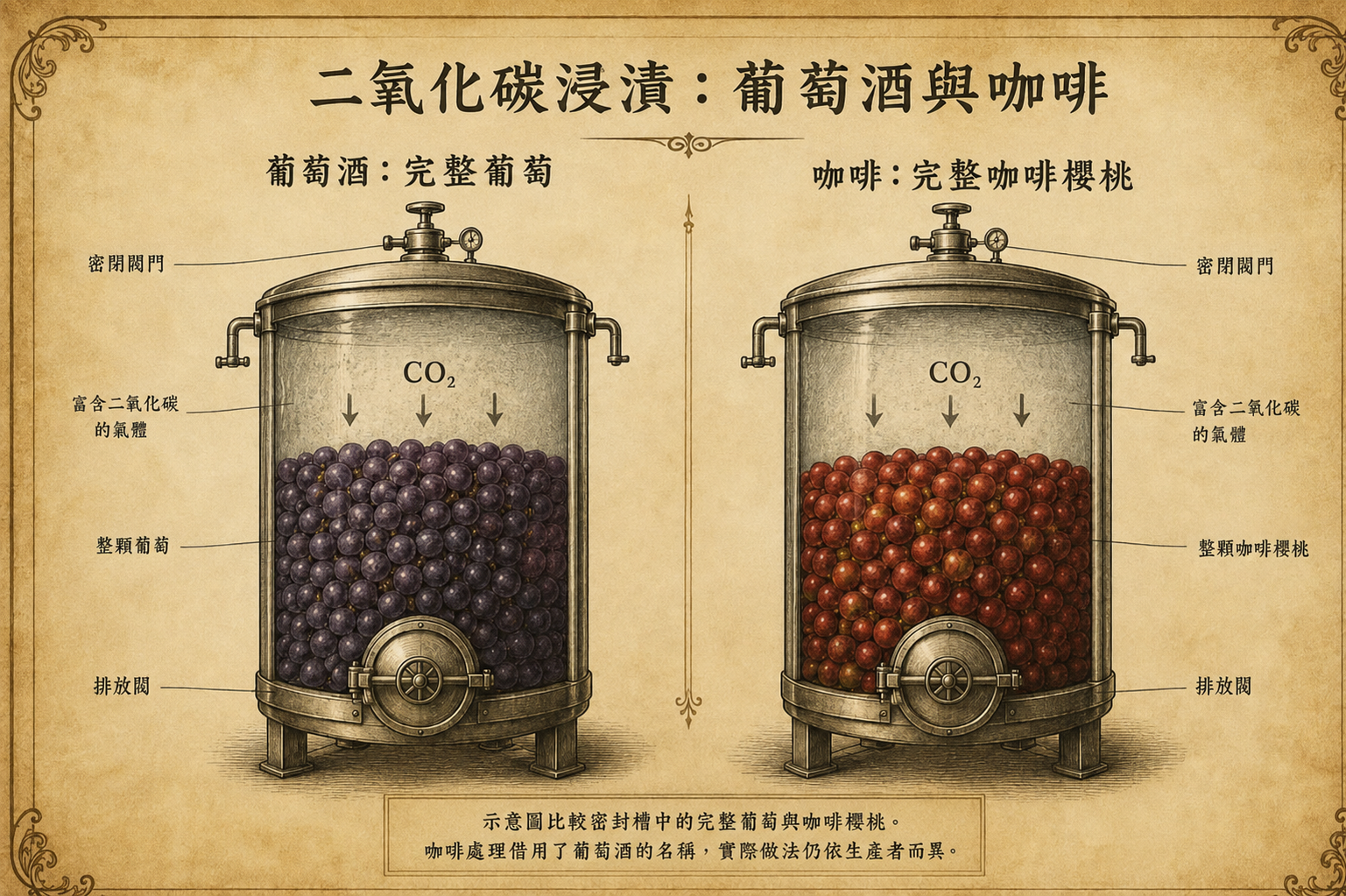 以整顆葡萄與咖啡櫻桃在密封槽中發酵的對照，說明二氧化碳浸漬名稱的來源