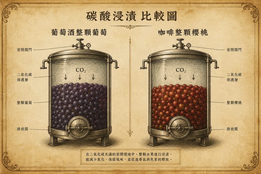 葡萄酒整顆葡萄與咖啡整顆櫻桃在二氧化碳槽裡的名字來源示意