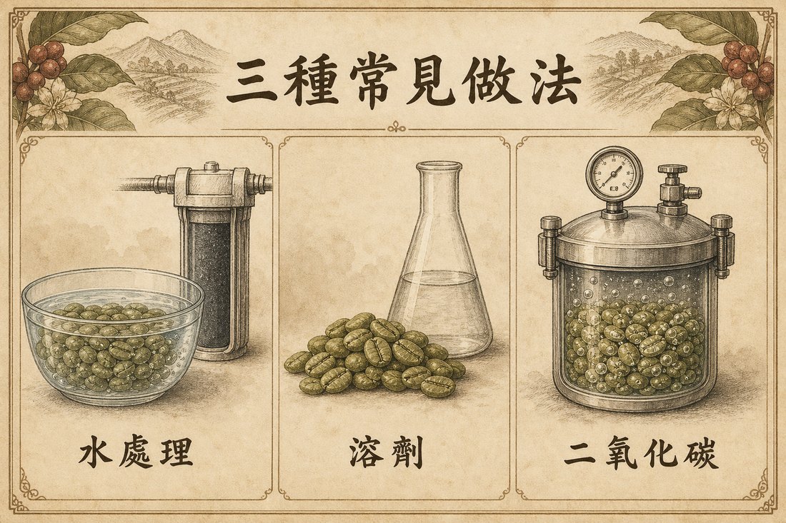 水處理、溶劑、二氧化碳三種常見低因做法示意