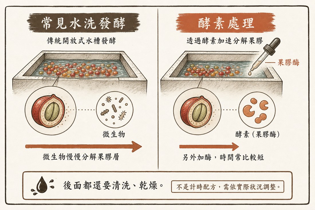 常見水洗靠微生物慢慢分解果膠層，對上另外加入果膠酵素、時間常比較短