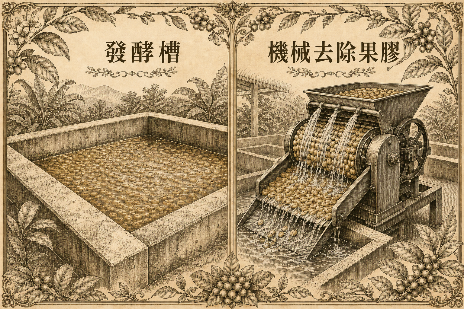 水洗槽中以發酵分解果膠層，以及利用機械摩擦移除果膠層的方式比較