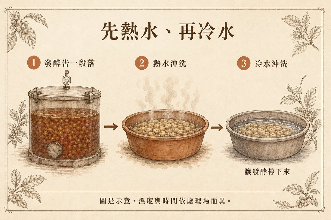 發酵告一段落後，先熱水沖洗再冷水沖洗的三步驟示意