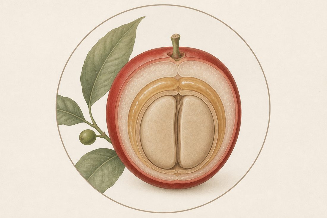 Cross section of a coffee cherry showing the skin, pulp, mucilage, parchment, and seeds