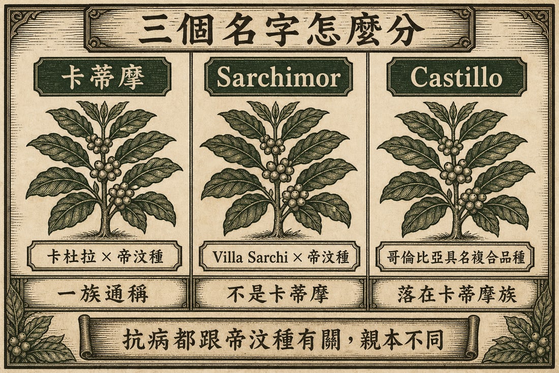 卡蒂摩與 Sarchimor 的親本差異，以及 Castillo 屬於卡蒂摩家族的關係
