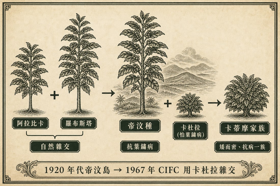 阿拉比卡與羅布斯塔自然雜交成帝汶種，再與卡杜拉雜交成卡蒂摩家族