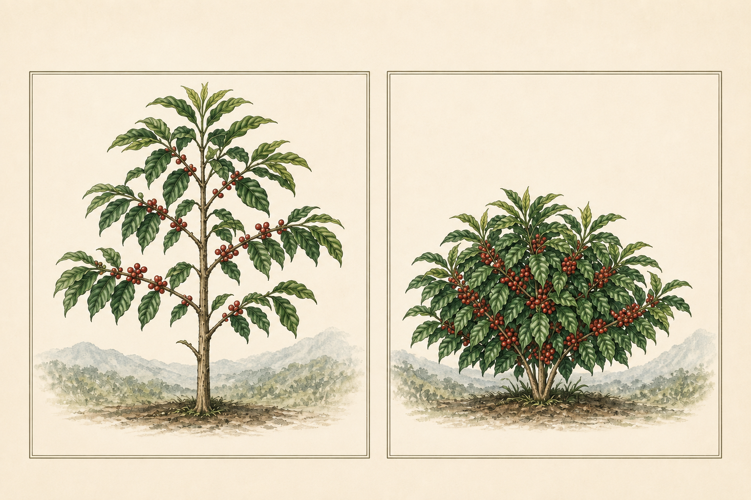 波旁植株較高、卡杜拉植株較矮較密的常見差別示意