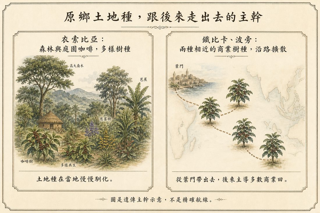 衣索比亞土地種多樣性，對上後來從葉門帶出去的鐵比卡、波旁主幹示意