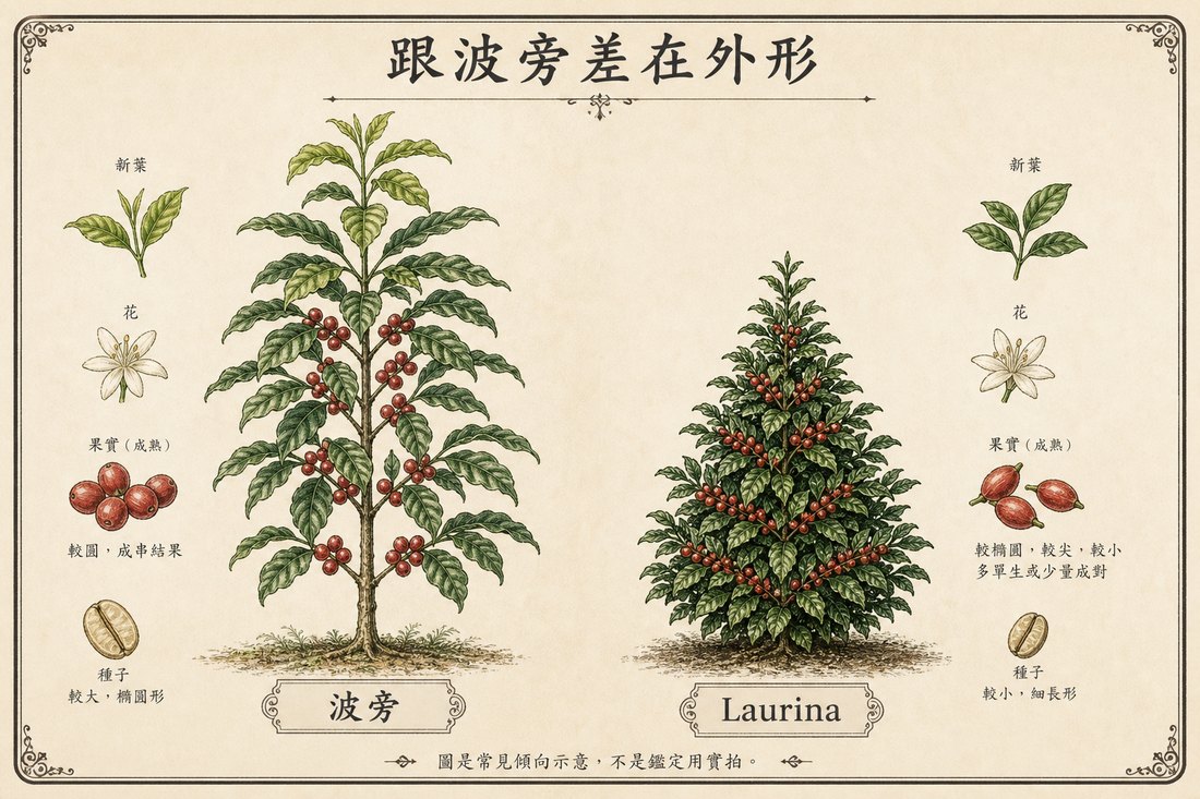 高大波旁植株對上較矮、樹形較尖的 Laurina