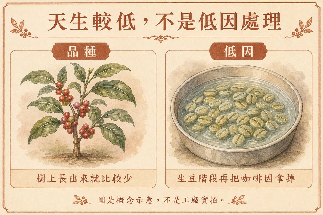 樹上就比較少咖啡因的品種，對上生豆階段再拿掉咖啡因的低因