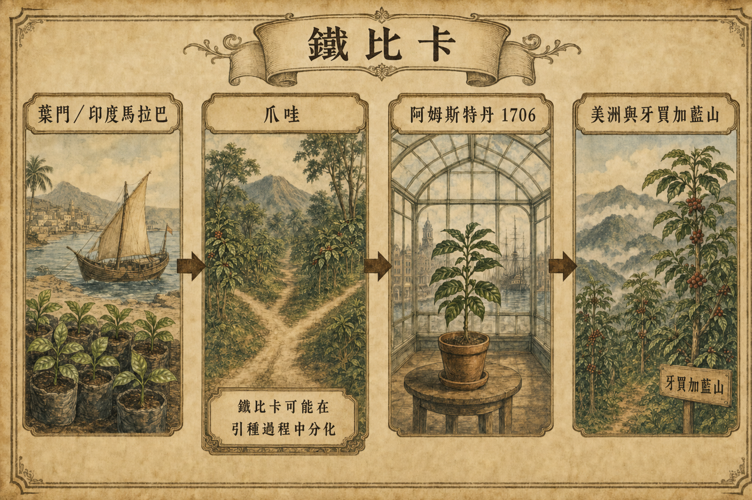 鐵比卡傳播路徑示意：從葉門經印度馬拉巴傳至爪哇，再由送至阿姆斯特丹的單株後代傳往美洲與牙買加藍山