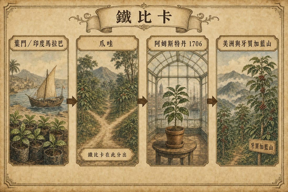 鐵比卡傳播路徑示意：葉門與印度馬拉巴、爪哇分出、阿姆斯特丹單株、美洲與牙買加藍山
