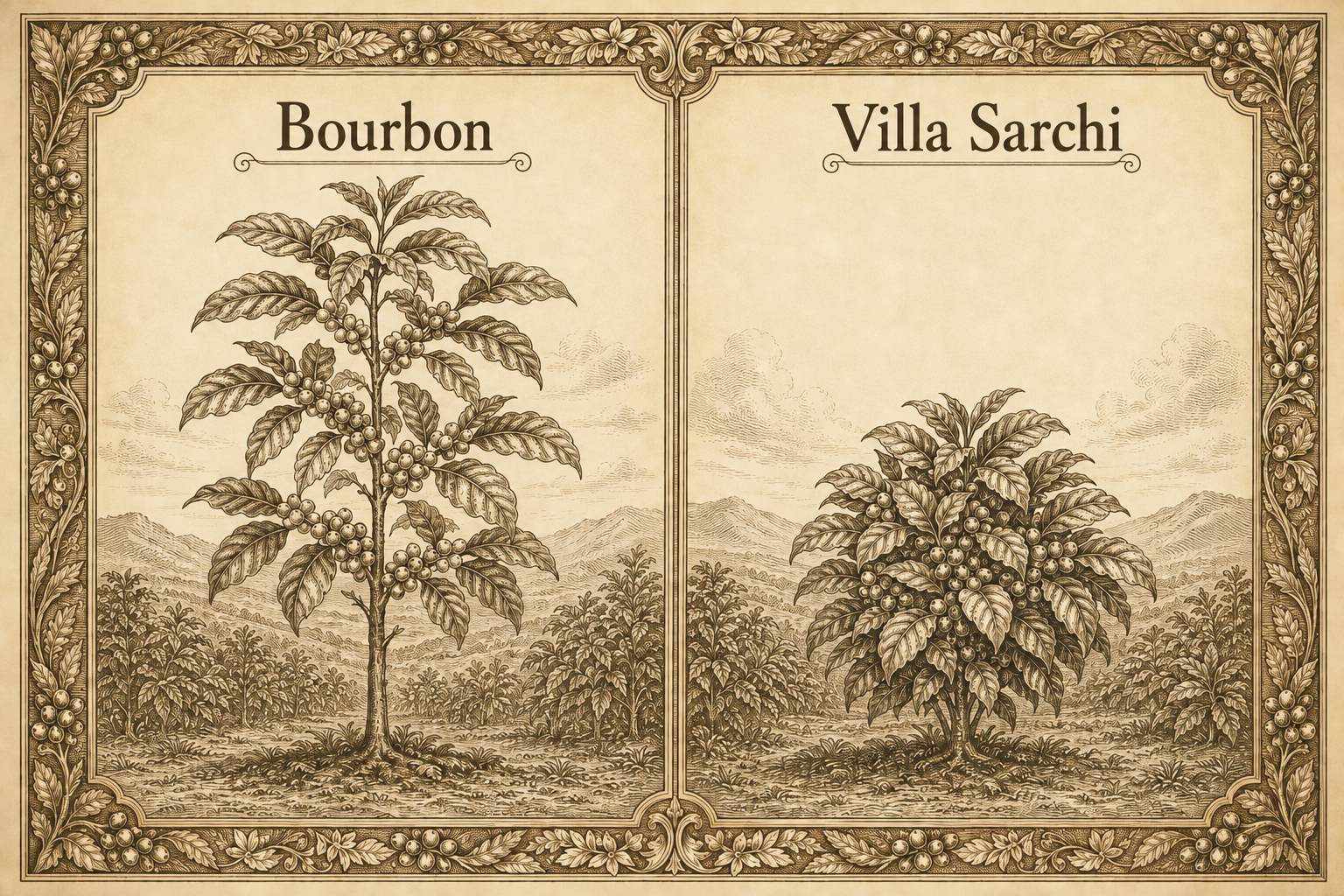 波旁植株較高、Villa Sarchi 植株較矮的常見差別示意